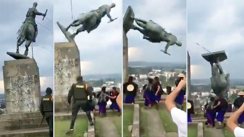 Ind&iacute;genas colombianos derriban la estatua de un conquistador espa&ntilde;ol